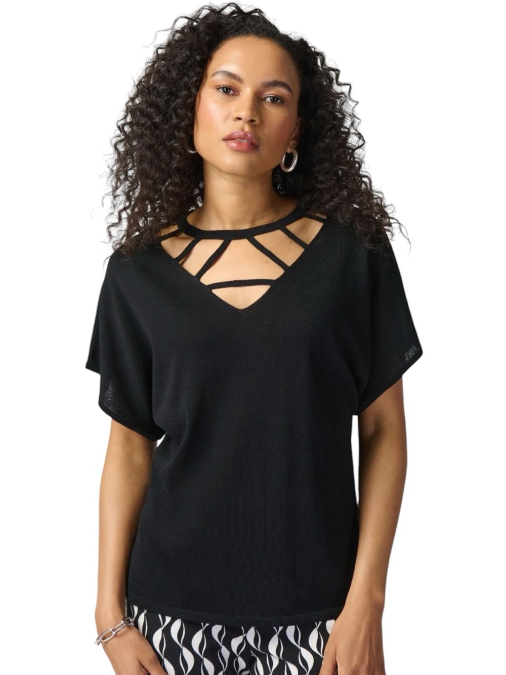 NWT Joseph Ribkoff Black V-Neck Cut-Out Short Sleeve Lightweight Sweater XL $159